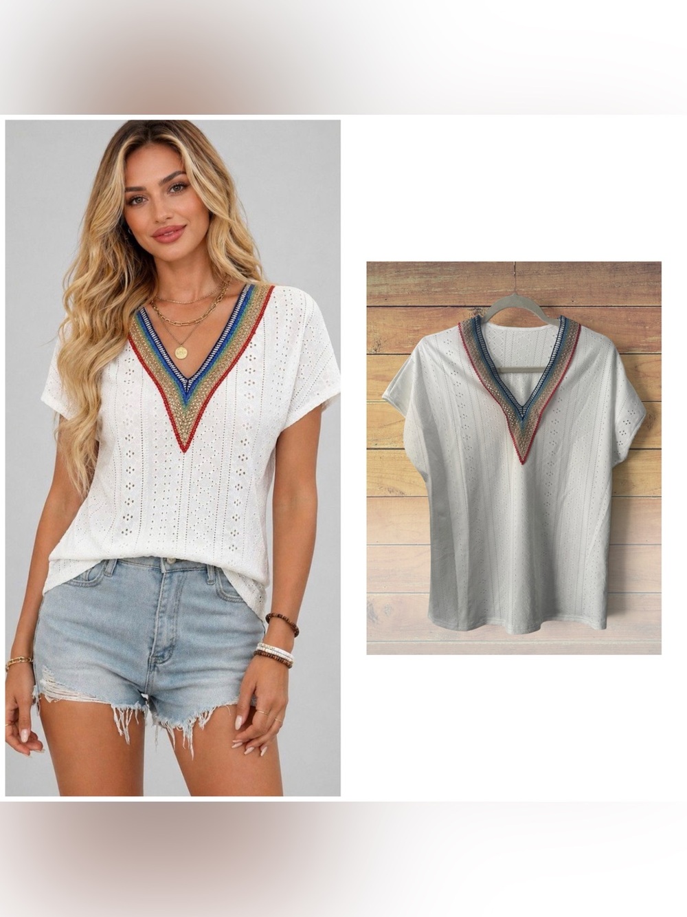 NEW Cupshe White Eyelet V-Neck Top with Rainbow Trim, Boho Summer Style, Medium